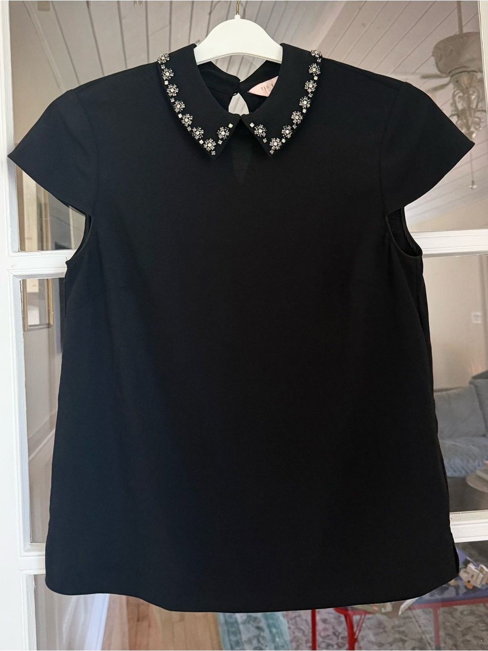 Ted Baker Black Jewel-Collar Short-Sleeve Top